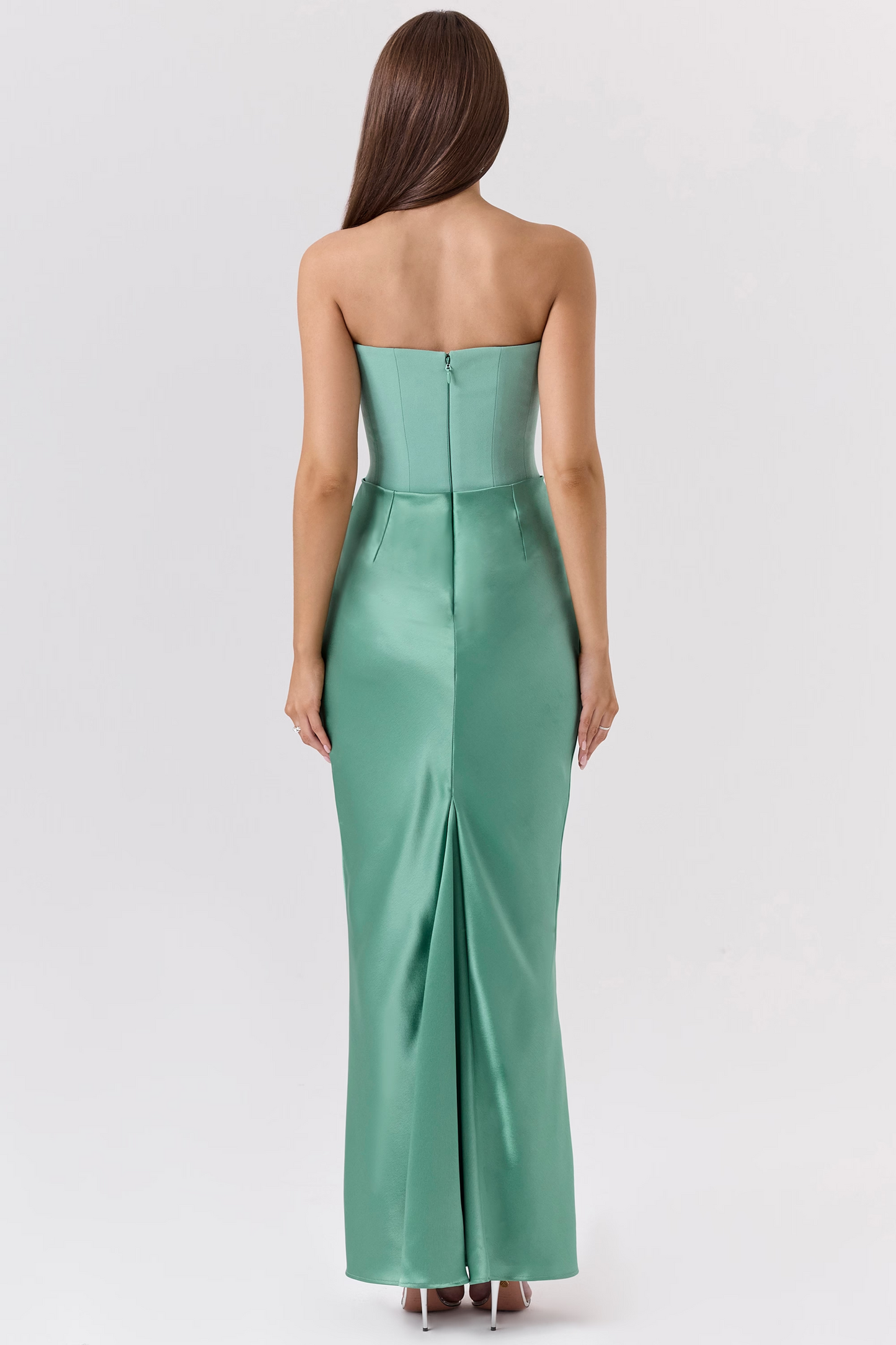 Green Satin Strapless Corset Maxi Dress