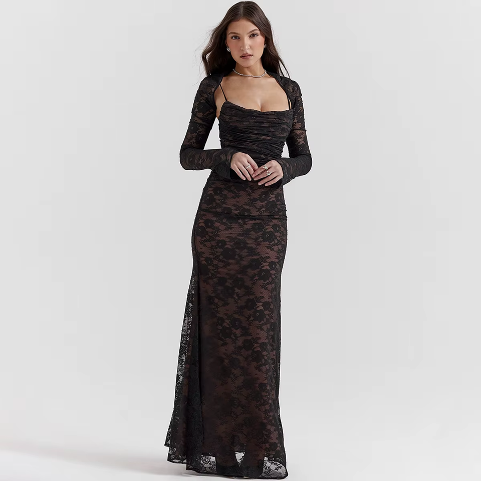 Black Floral Lace Maxi Dress