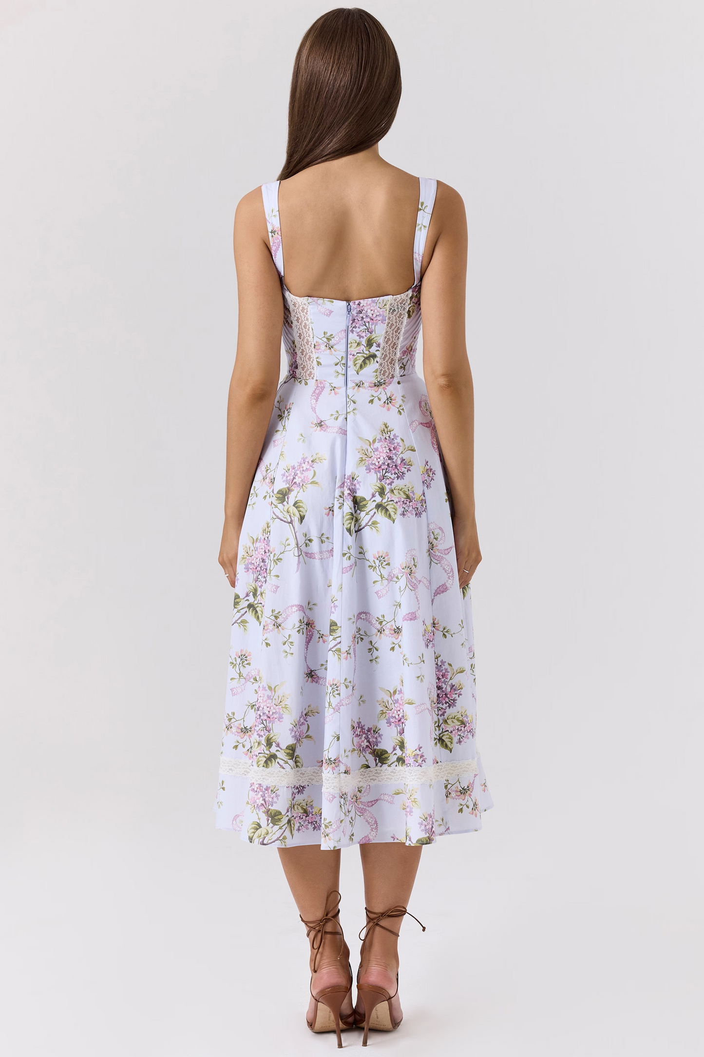 Purple Lace Patchwork Pockets Midi Dress