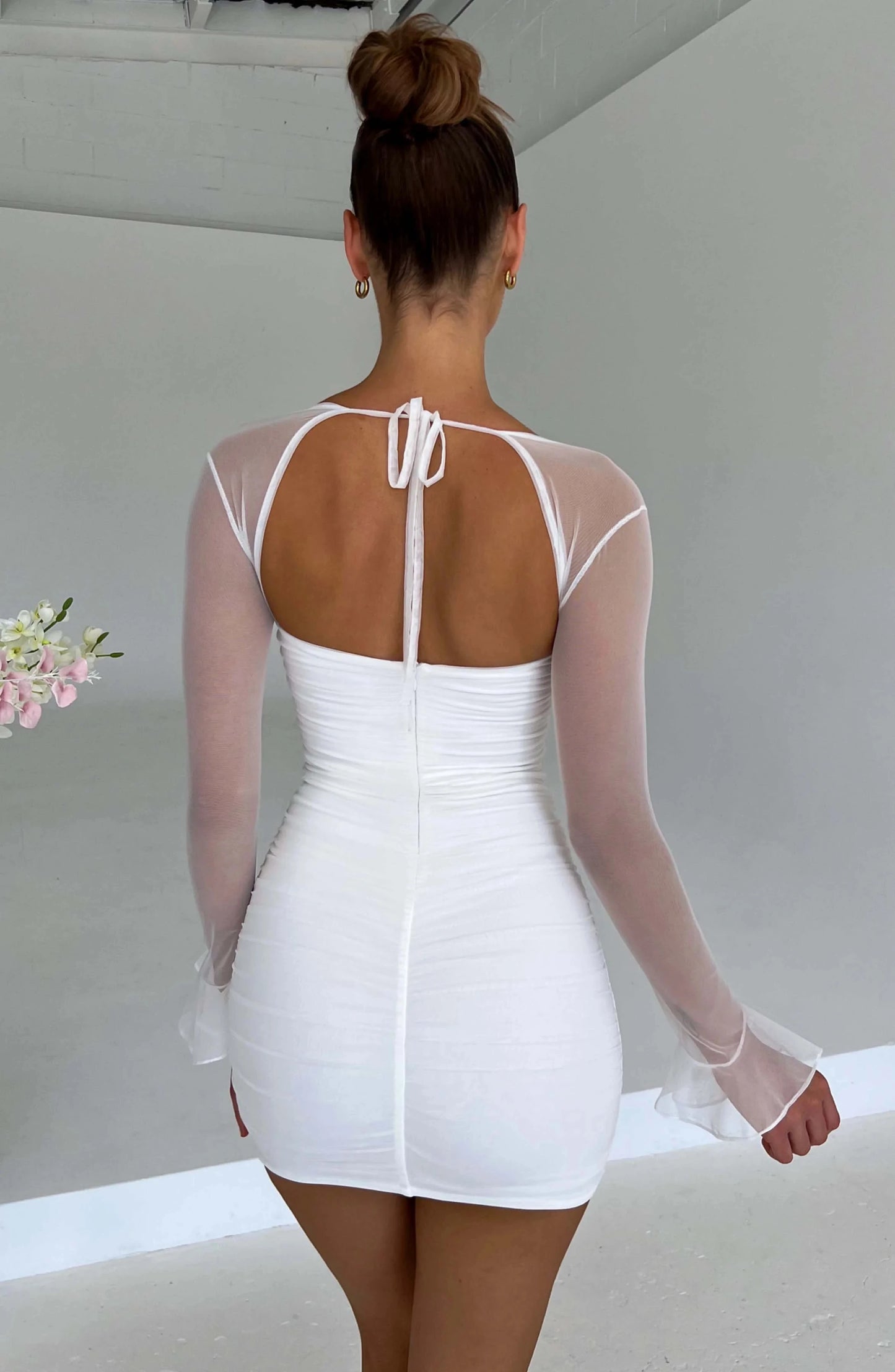Halter Lace-up Ruched Backless Mini Dress Square Collar See Through Mesh Petal Long Sleeve Slim Bodycon