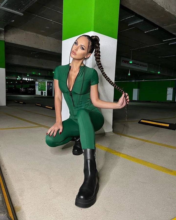 Zipper Jumpsuit Deep V Neck Bodycon Bodysuit