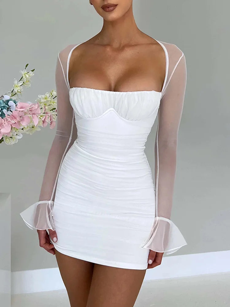 Halter Lace-up Ruched Backless Mini Dress Square Collar See Through Mesh Petal Long Sleeve Slim Bodycon