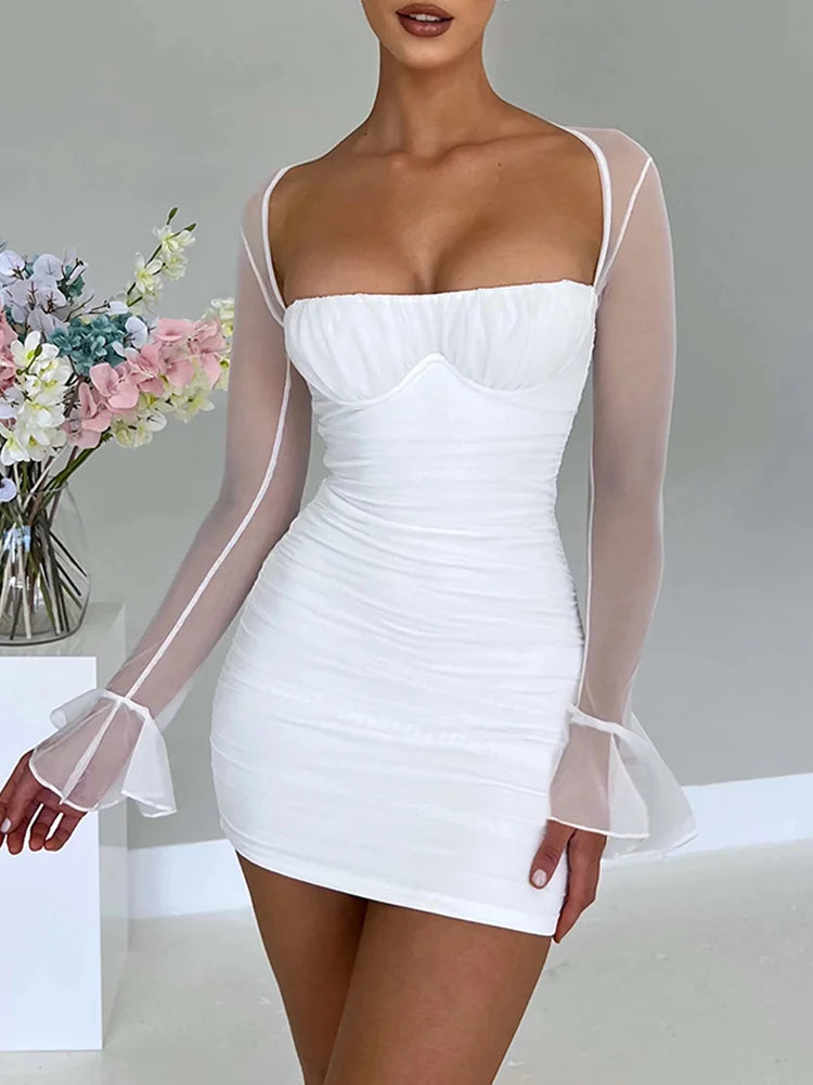 Halter Lace-up Ruched Backless Mini Dress Square Collar See Through Mesh Petal Long Sleeve Slim Bodycon