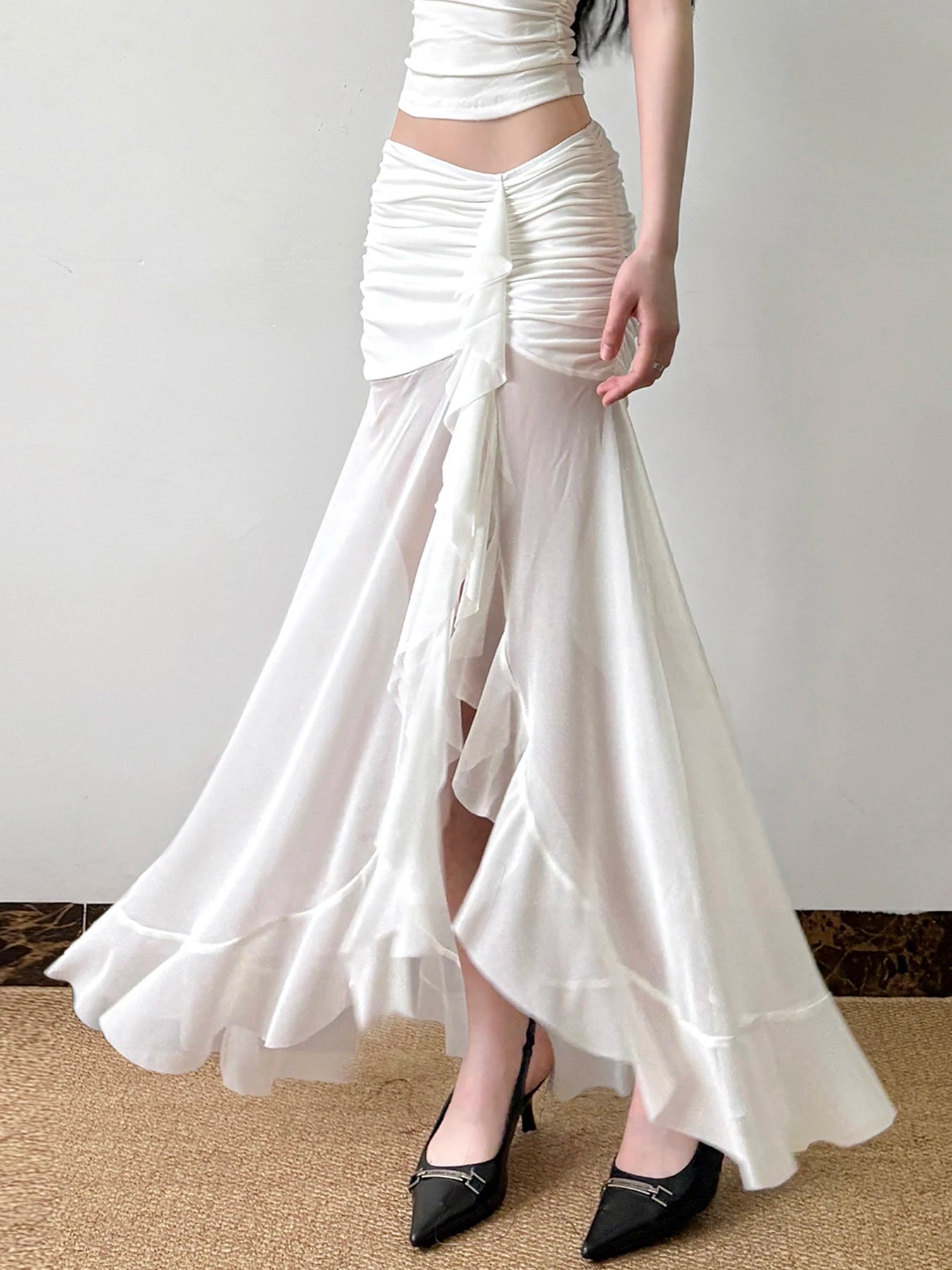 Mesh See Through Long Skirts Ruffle Split Pleated Wrap Skirt