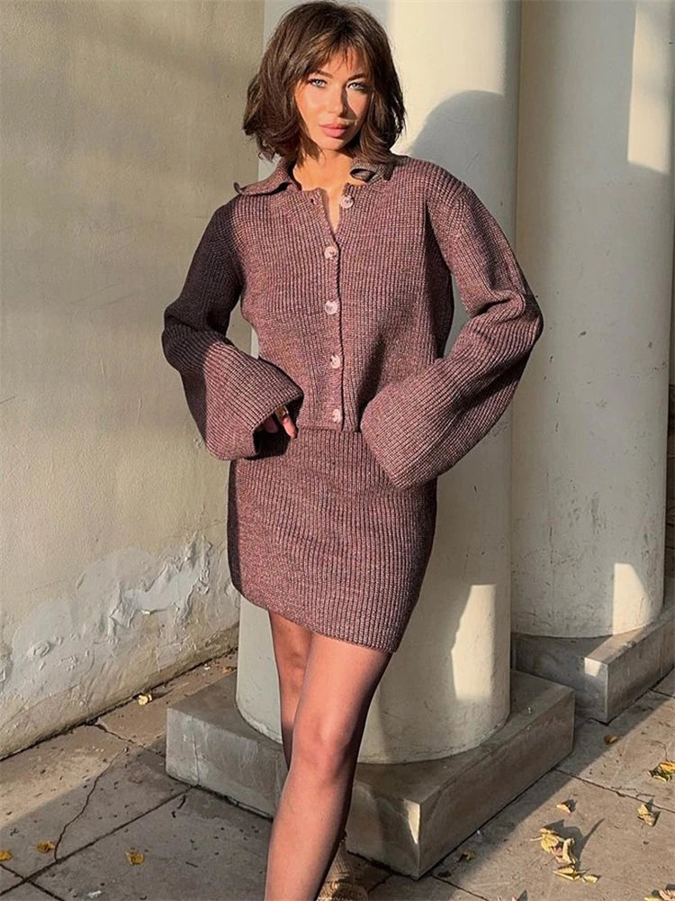 Knitted Suit Lapel Flare Sleeve Cardigan Skirt Solid Slim Sweater Two Piece Sets