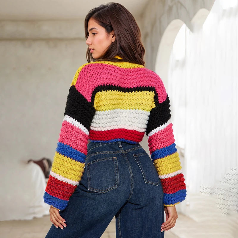 Colorful Stripe Long Sleeve Rainbow Heavy Knit Sweater Short Crop Sweater