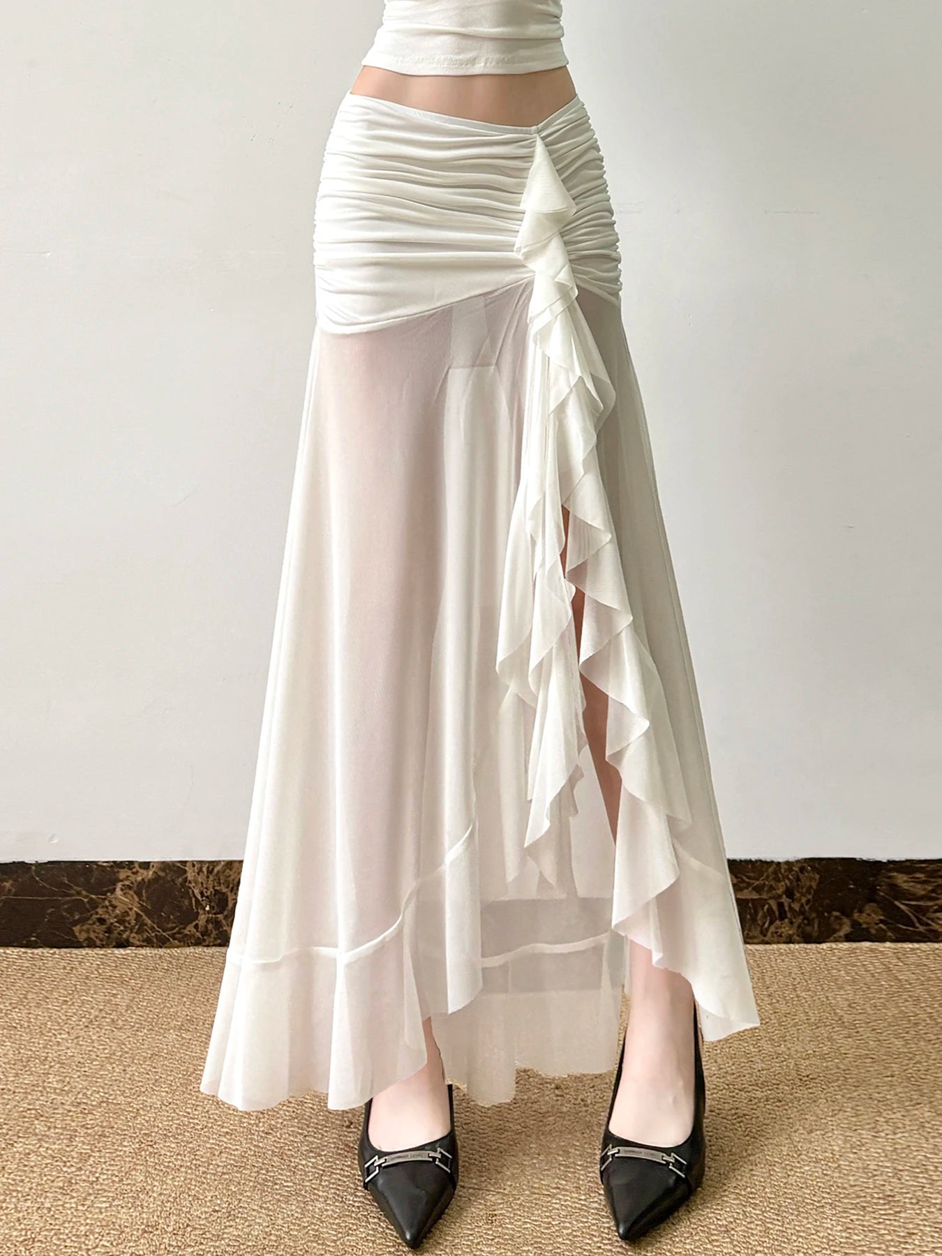 Mesh See Through Long Skirts Ruffle Split Pleated Wrap Skirt