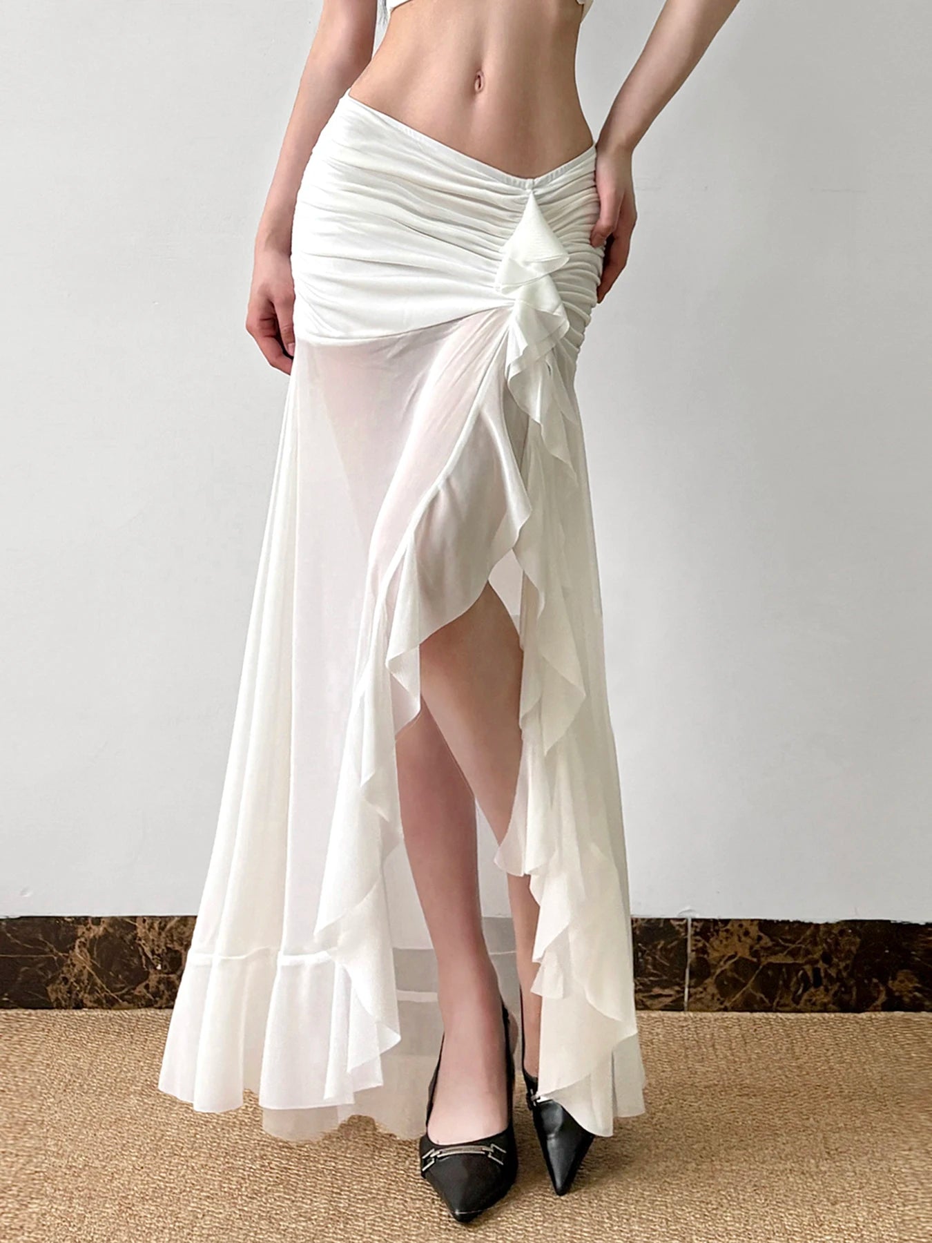 Mesh See Through Long Skirts Ruffle Split Pleated Wrap Skirt