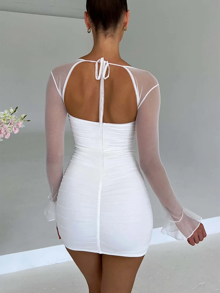 Halter Lace-up Ruched Backless Mini Dress Square Collar See Through Mesh Petal Long Sleeve Slim Bodycon