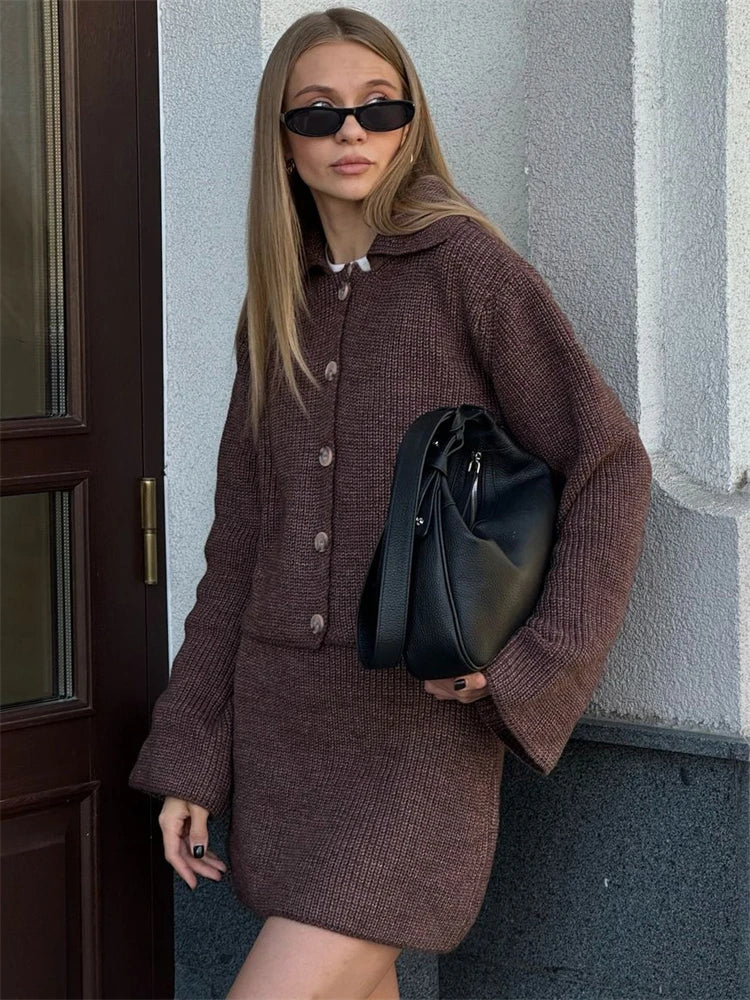 Knitted Suit Lapel Flare Sleeve Cardigan Skirt Solid Slim Sweater Two Piece Sets