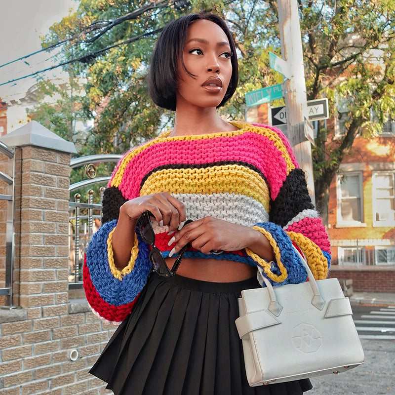 Colorful Stripe Long Sleeve Rainbow Heavy Knit Sweater Short Crop Sweater