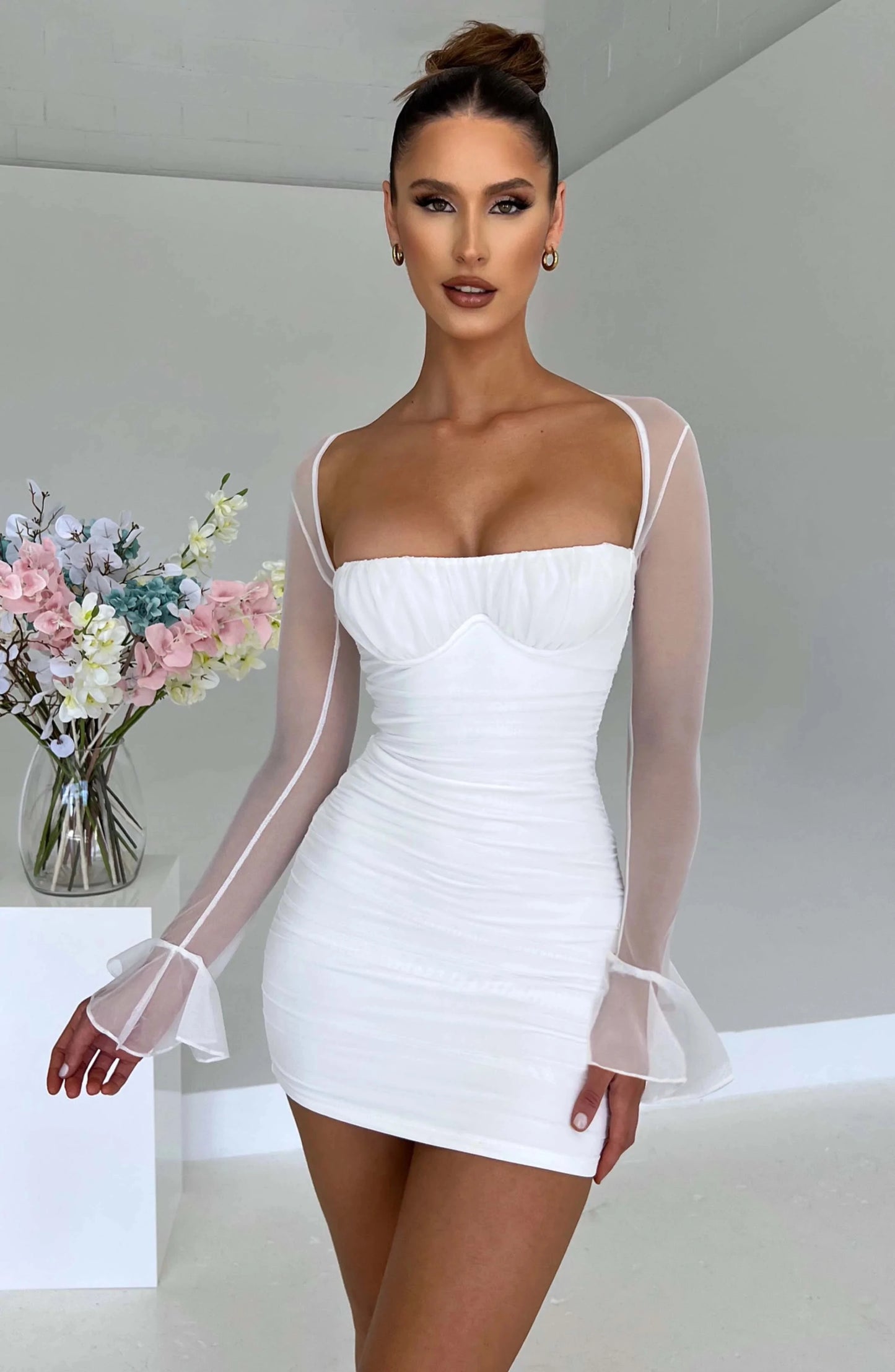 Halter Lace-up Ruched Backless Mini Dress Square Collar See Through Mesh Petal Long Sleeve Slim Bodycon