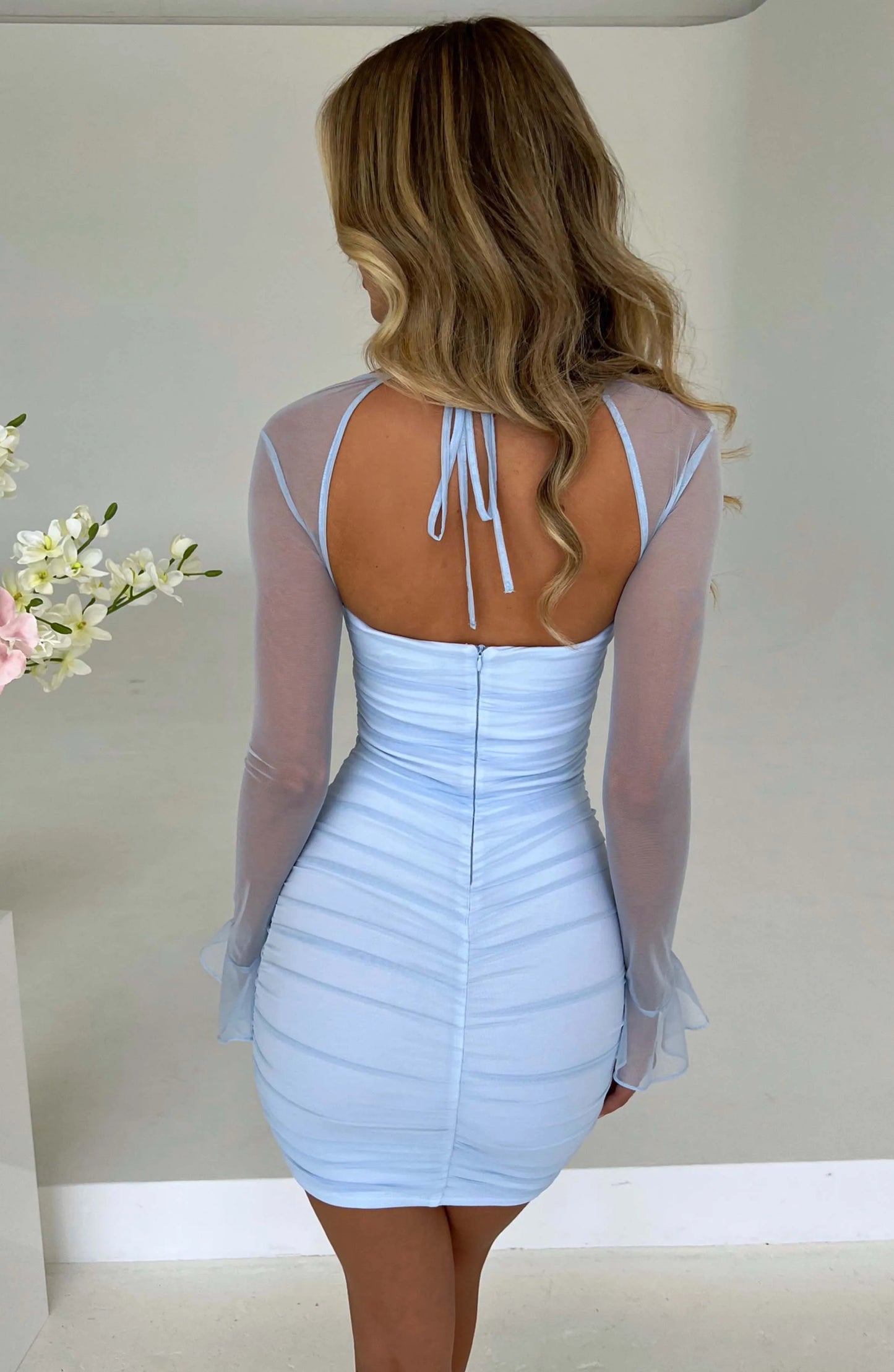 Halter Lace-up Ruched Backless Mini Dress Square Collar See Through Mesh Petal Long Sleeve Slim Bodycon