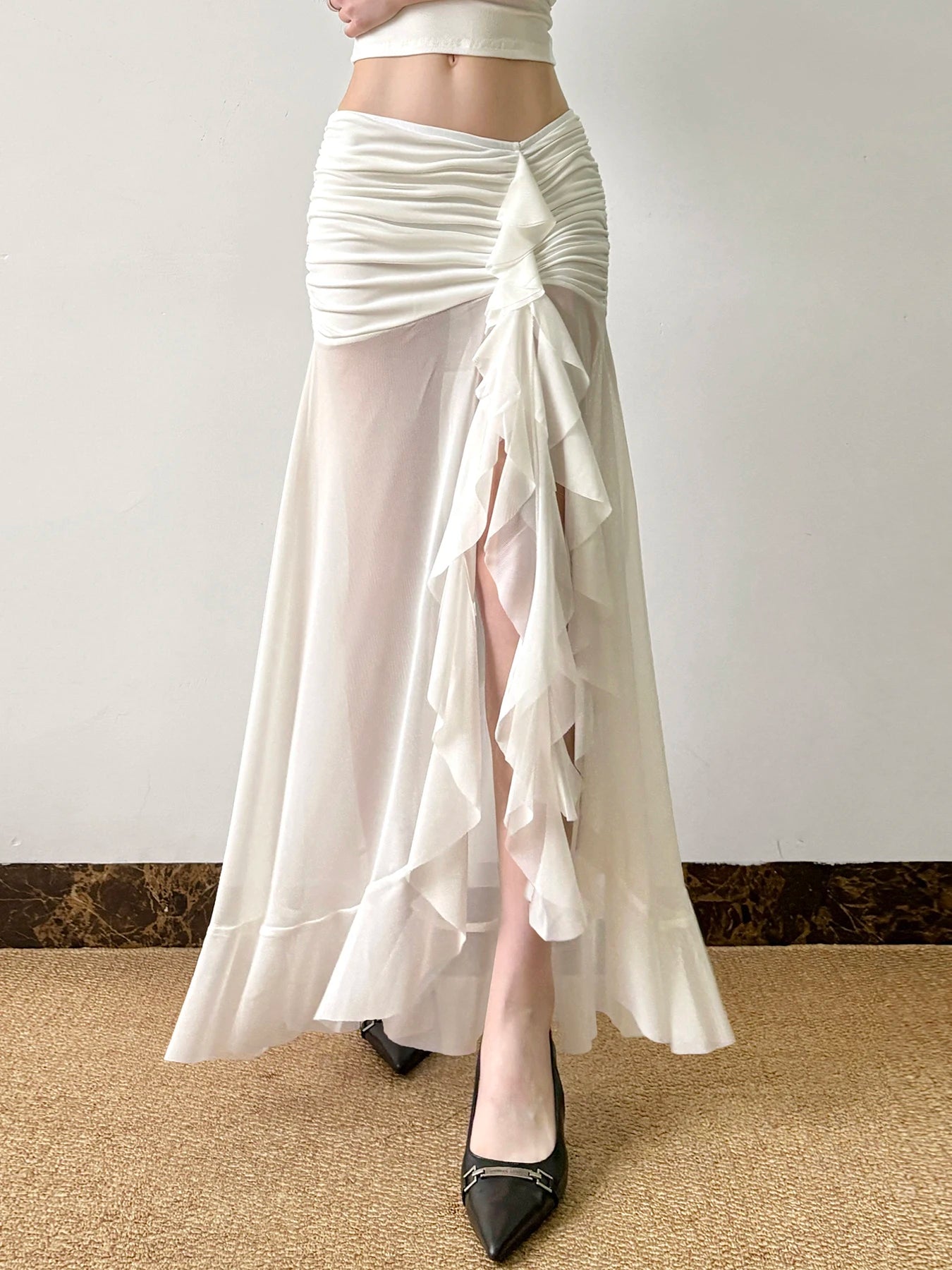 Mesh See Through Long Skirts Ruffle Split Pleated Wrap Skirt