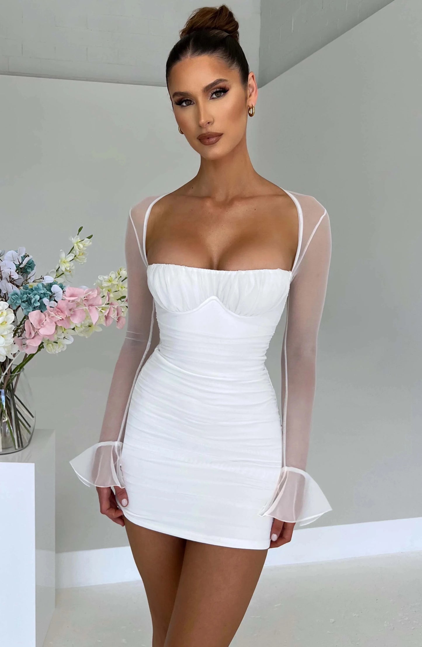 Halter Lace-up Ruched Backless Mini Dress Square Collar See Through Mesh Petal Long Sleeve Slim Bodycon