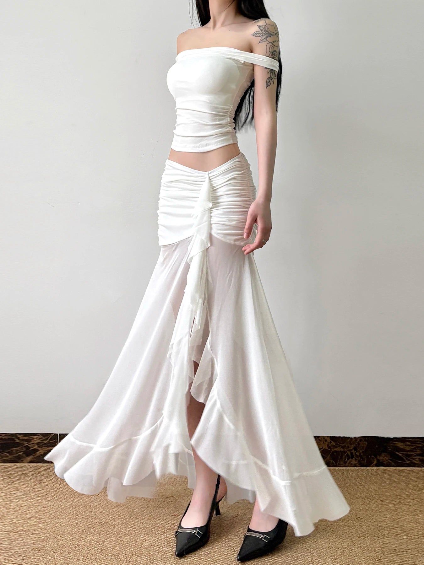 Mesh See Through Long Skirts Ruffle Split Pleated Wrap Skirt