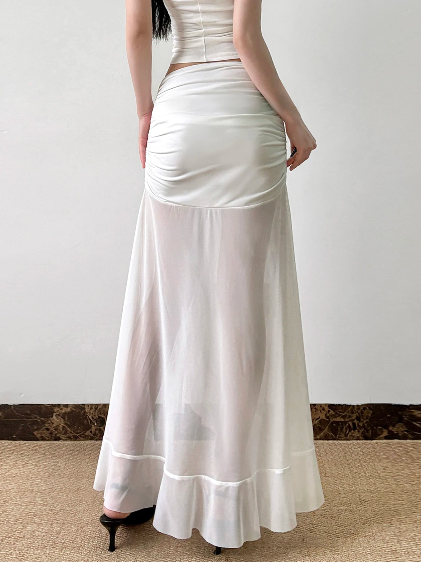 Mesh See Through Long Skirts Ruffle Split Pleated Wrap Skirt