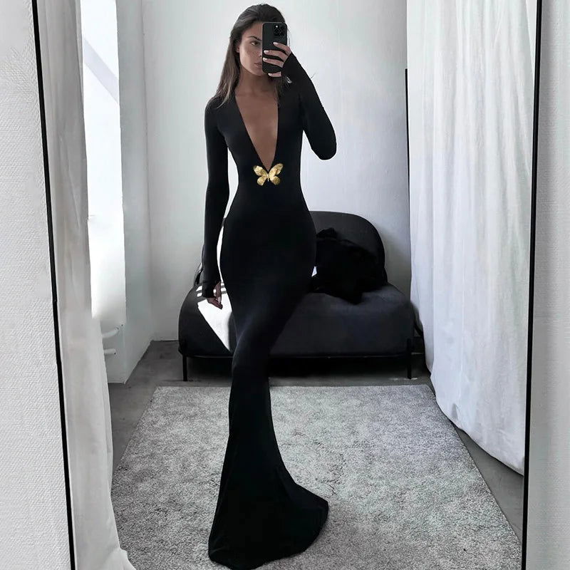 Black Deep V-Neck Maxi Dress