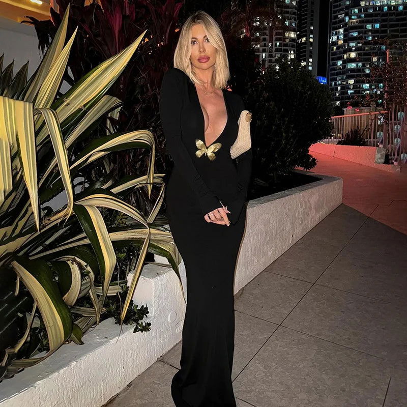 Black Deep V-Neck Maxi Dress