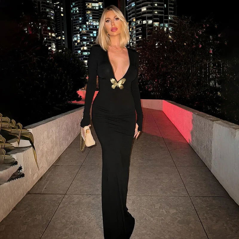 Black Deep V-Neck Maxi Dress
