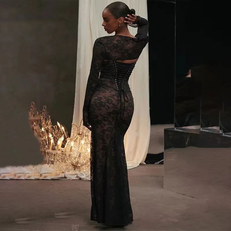 Black Floral Lace Maxi Dress