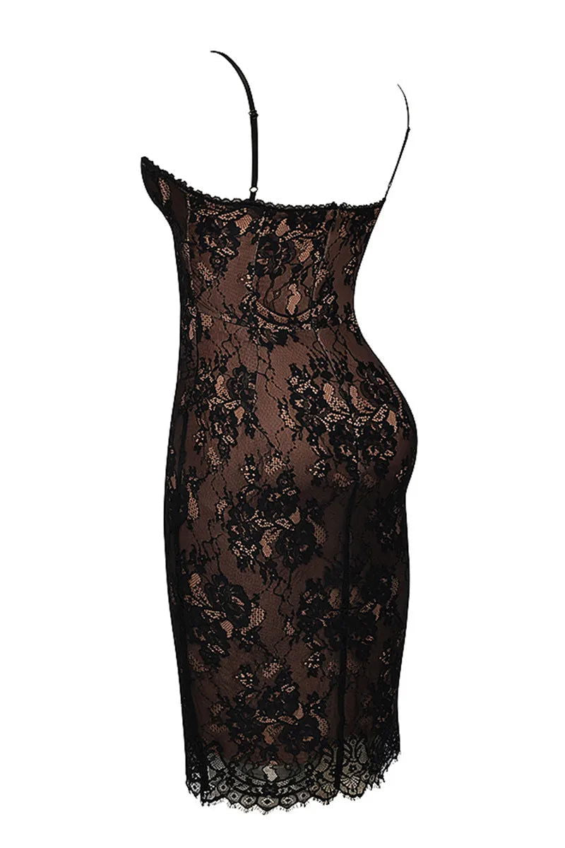 Black Lace Backless Midi Dress