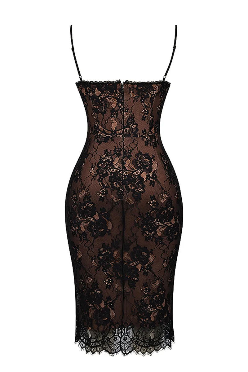 Black Lace Backless Midi Dress
