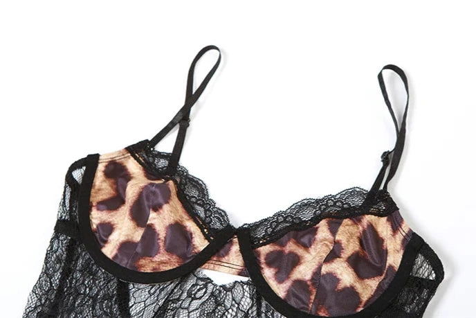 Black Leopard Mesh Ruffles Top