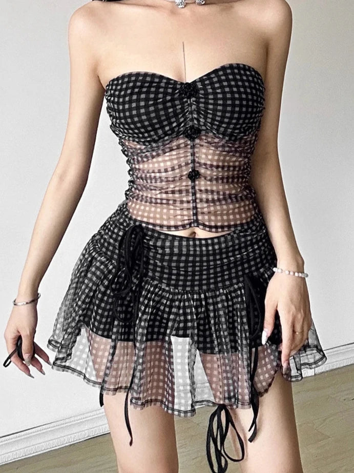 Black Plaid Sheer Top and Skirt Two-Piece Set