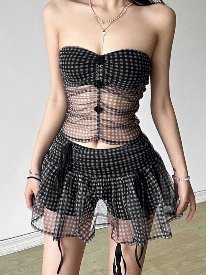 Black Plaid Sheer Top and Skirt Two-Piece Set