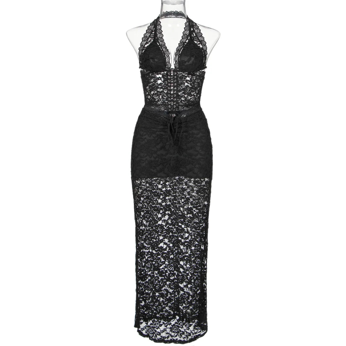 Black Sheer Lace Top and Maxi Skirt Set