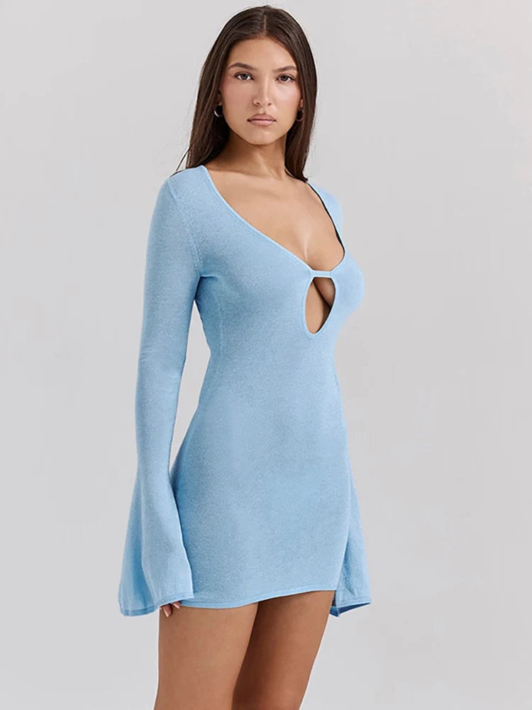 Blue Hollow Out Shiny Mini Dress