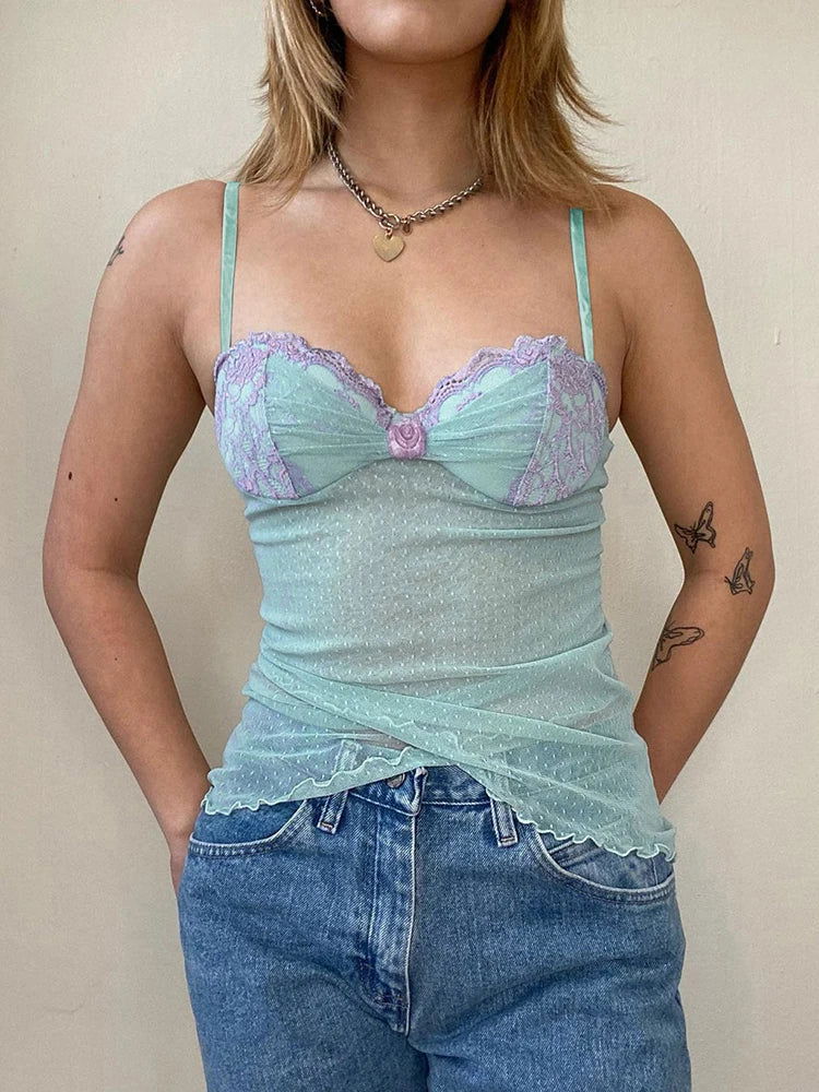 Blue Lace Mesh See Through Top