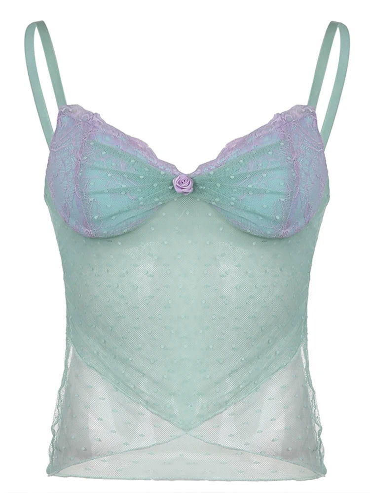 Blue Lace Mesh See Through Top