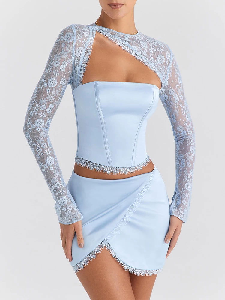 Blue Lace Sheer Top and Mini Skirt Set