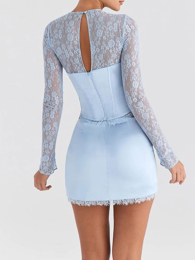 Blue Lace Sheer Top and Mini Skirt Set