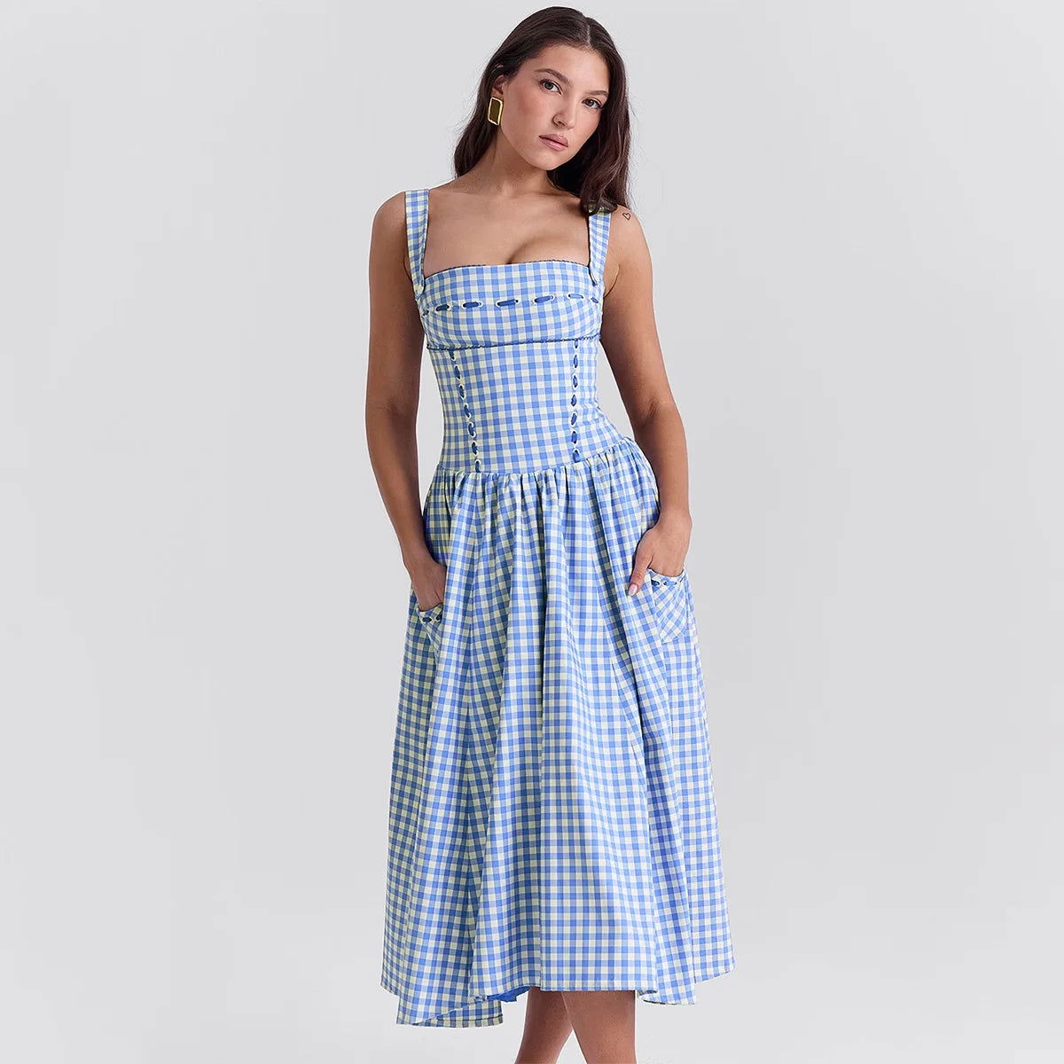Blue Plaid Midi Dress