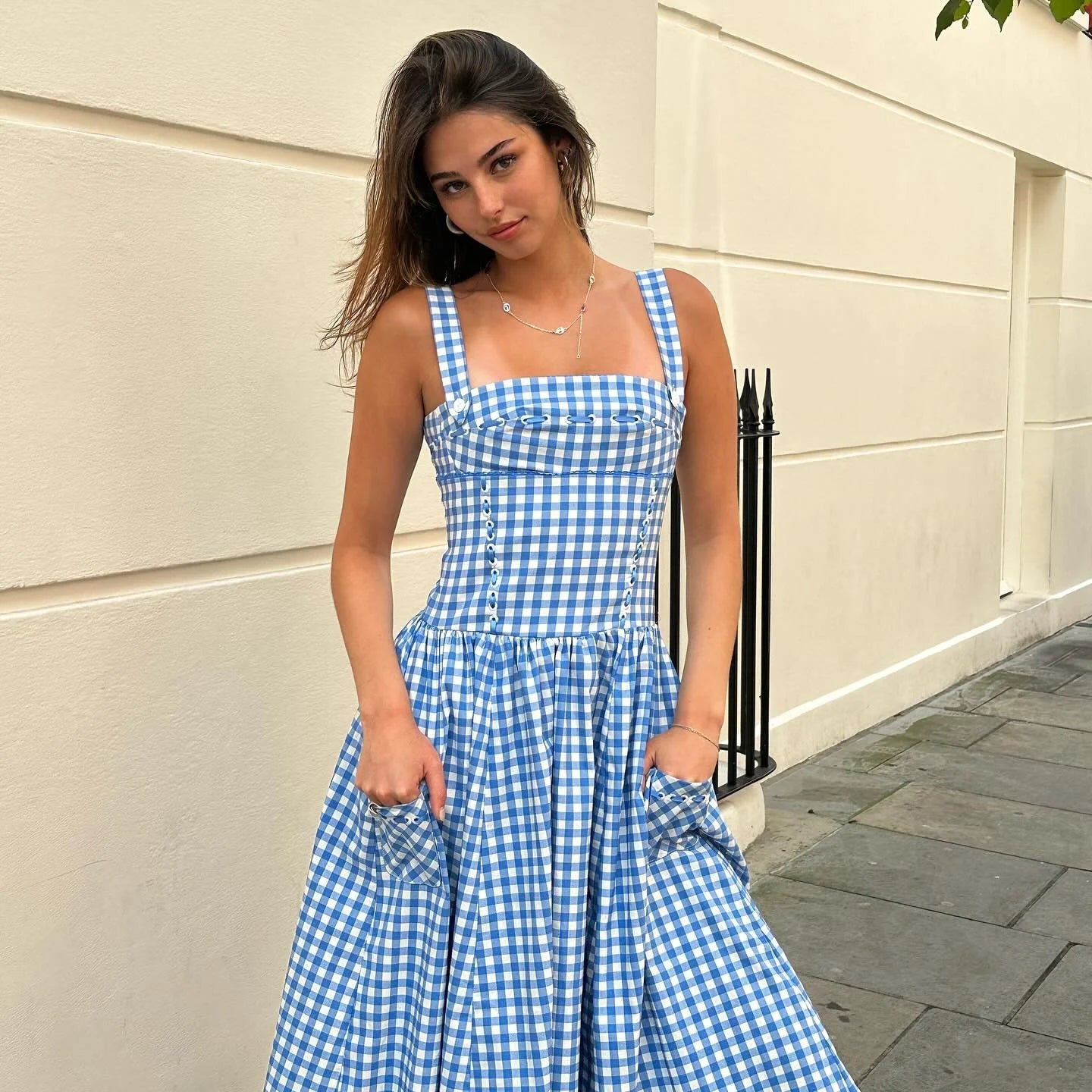 Blue Plaid Midi Dress