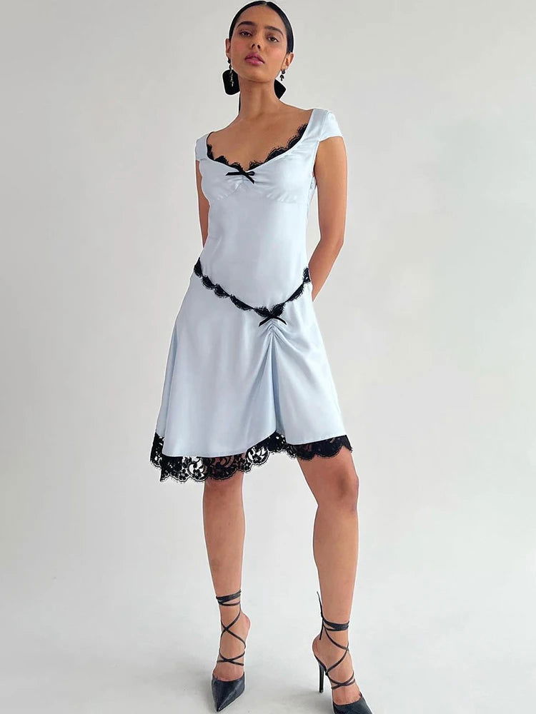 Blue Satin Lace Dress