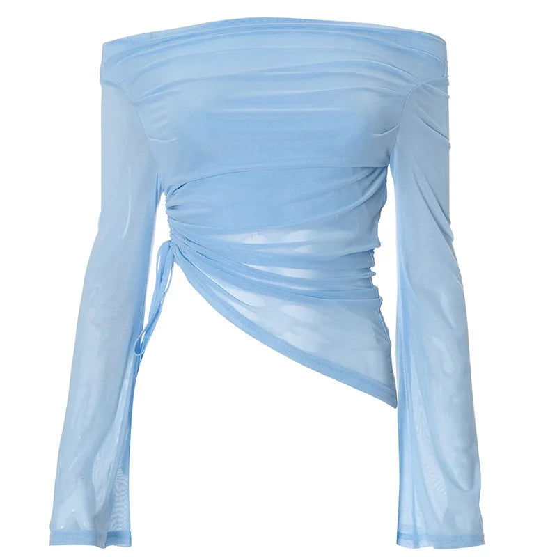 Blue See Through Off Shoulder Top