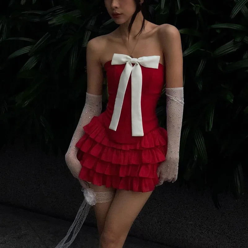 Bow Strapless Top and Ruffle Skirt Two Piece Set