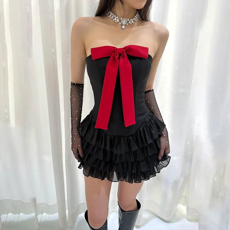 Bow Strapless Top and Ruffle Skirt Two Piece Set