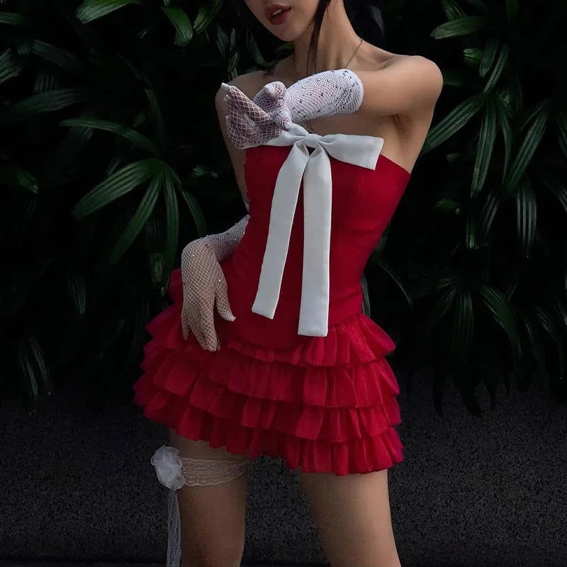 Bow Strapless Top and Ruffle Skirt Two Piece Set