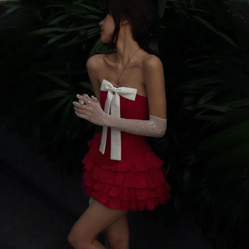 Bow Strapless Top and Ruffle Skirt Two Piece Set