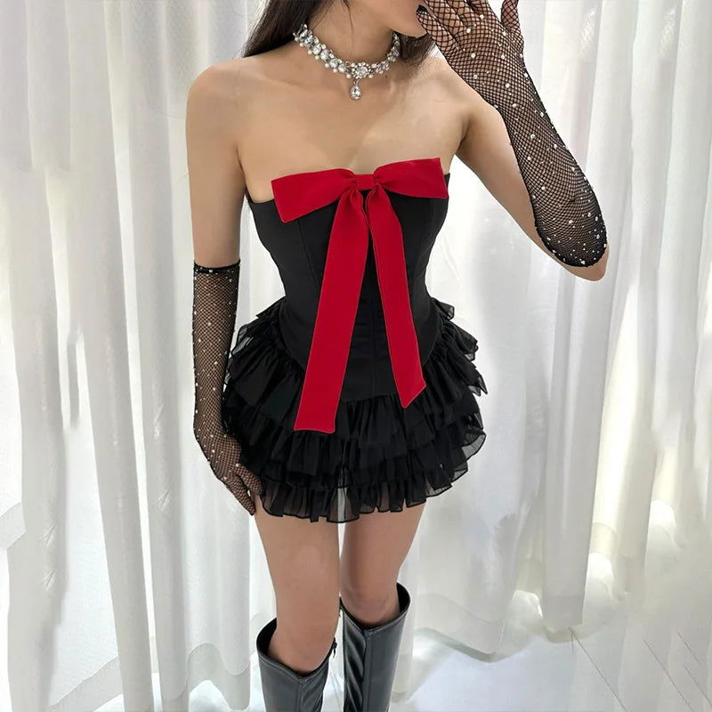 Bow Strapless Top and Ruffle Skirt Two Piece Set