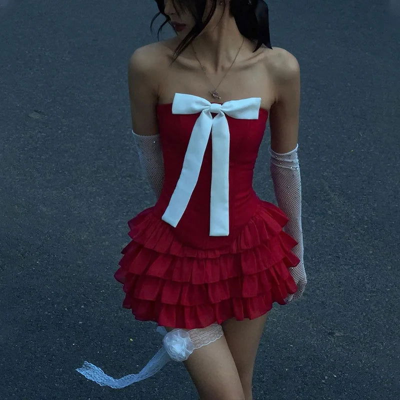 Bow Strapless Top and Ruffle Skirt Two Piece Set