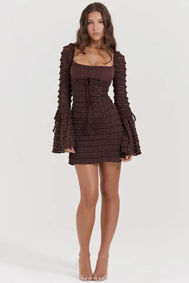 Brown Flare Sleeve Mini Dress