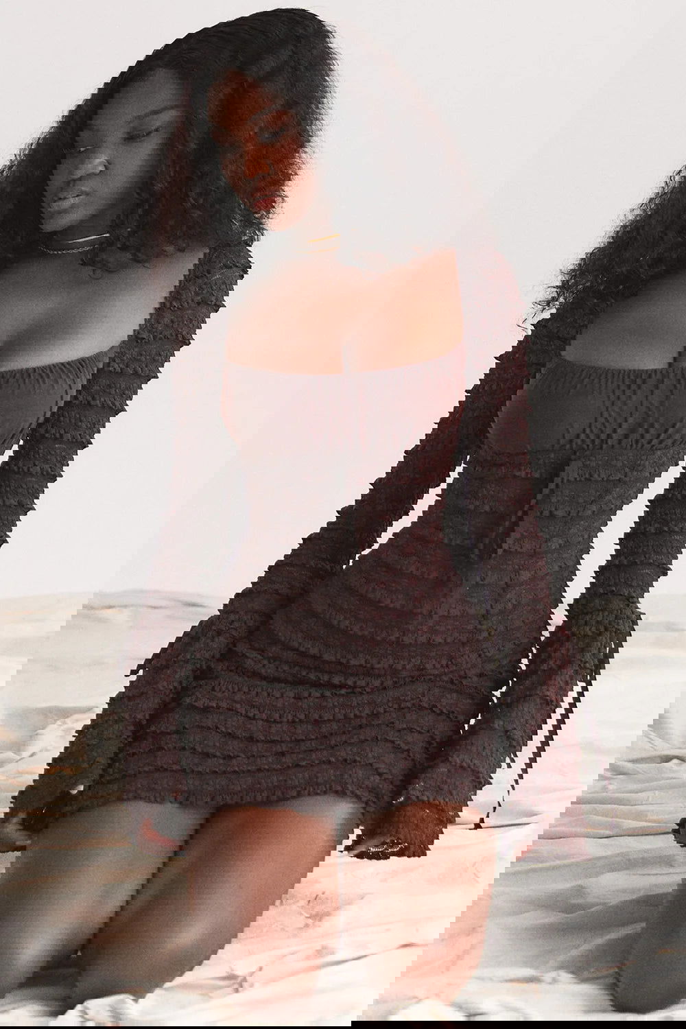 Brown Flare Sleeve Mini Dress