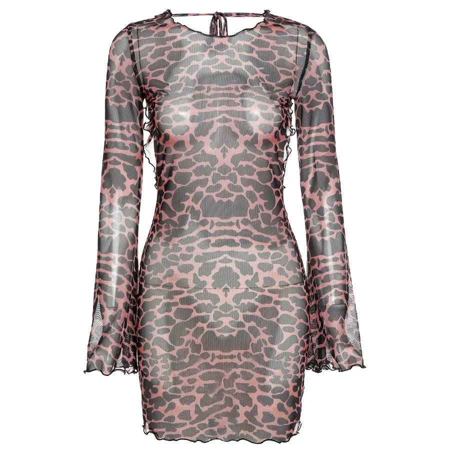 Leopard Backless See-Through Flared Sleeves Lace Up Bodycon Mini Dress