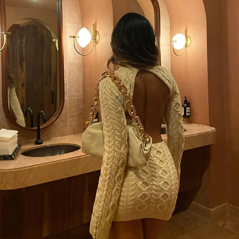 Knitted Long Sleeve Backless Mini Dress